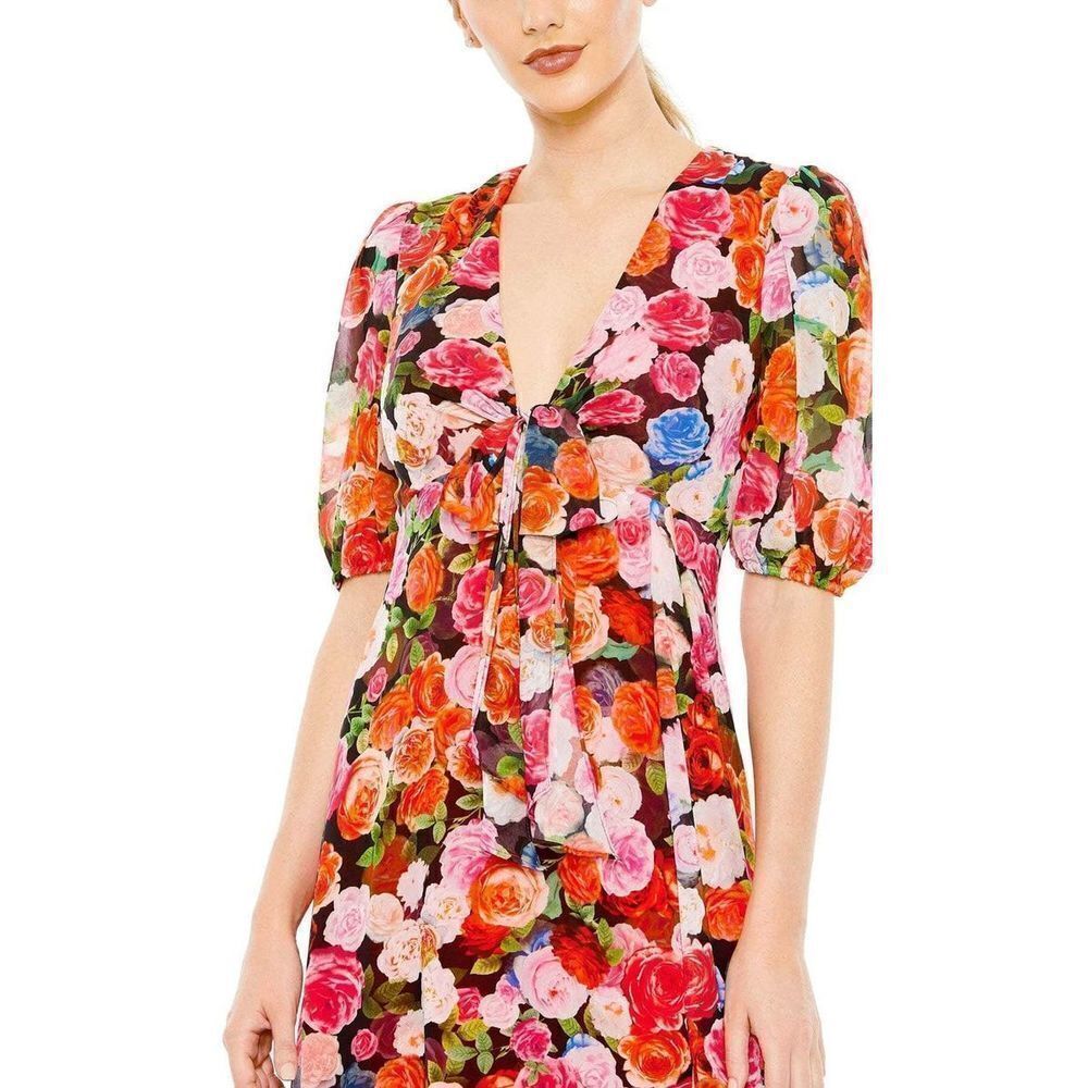 Ieena For Mac Duggal Floral Print Puff Sleeve Side Slit Maxi Dress Red Size 6 - Picture 6 of 12